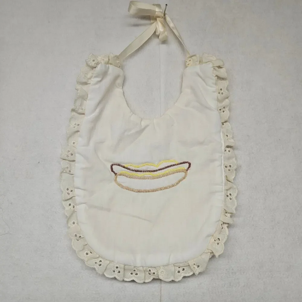 Handmade Hot Dog Peach Quilted Baby Bib Ruffle Lace Trim Satin Bow Vintage